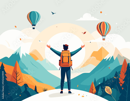Pixel Art Style Hiker with Backpack Arms Up Surrounded by Mountains and Hot Air Balloons on a Sunny Day