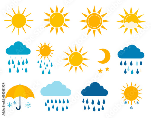 Pixel Art Weather Icons Collection Featuring Sun Clouds Moon Stars Rain and Umbrella in a Simple Geometric Design on White Background