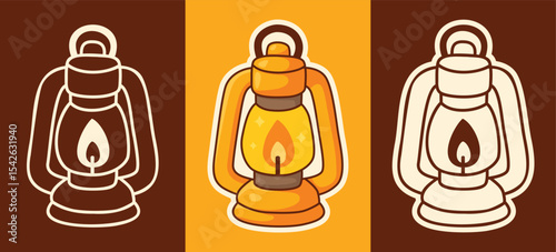 Three Types of Cartoon Style Sticker of Vintage Lantern
