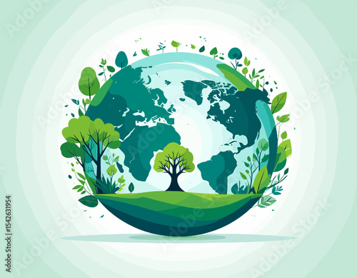 Pixelated Earth Globe Displaying Green Trees Grass and Lush Foliage Emphasizing Ecological Harmony with a Soft White Background for Environmental Awareness
