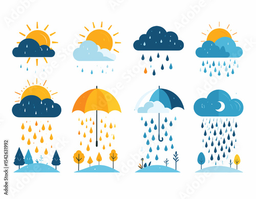 Pixelated Weather Icons Featuring Sun Clouds and Rain in Blue Yellow and White Colors Depicting Various Atmospheric Conditions