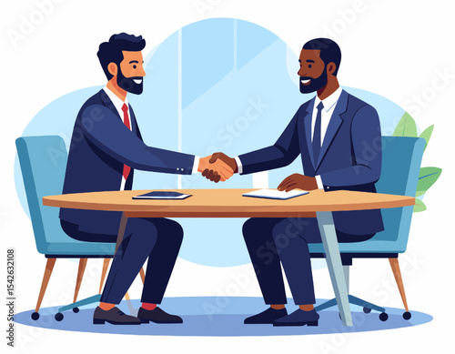 Two Businessmen in Dark Suits Handshaking at Table in Office Setting with Light Blue Background and Minimalist Chairs Illustration