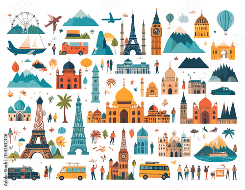 Vector Illustration of Global Landmarks and Travel Destinations with Diverse Architectural Styles Against a White Background