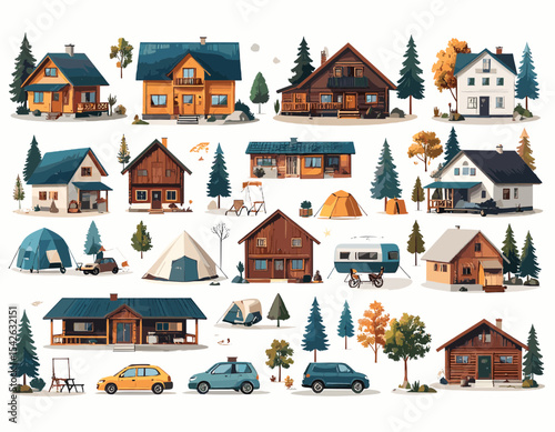 Variety of Pixel Art Houses and Vehicles with Trees on White Background