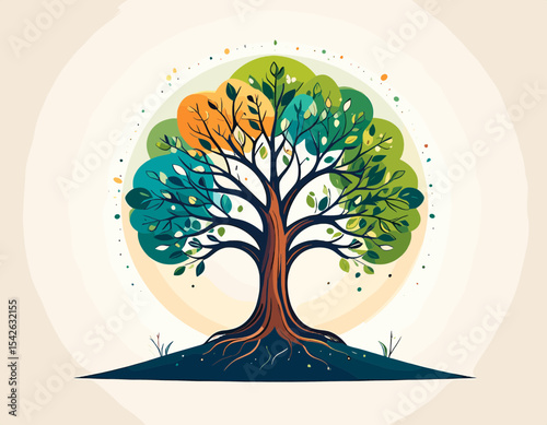 Vibrant Colorful Tree Illustration with Roots and Branches on Neutral Background Featuring Green Orange and Teal Leaves