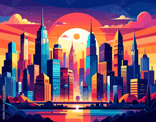 Vibrant Cityscape Silhouette with Skyscrapers and Colorful Sunset Reflections on the Water in an Urban Metropolis at Twilight