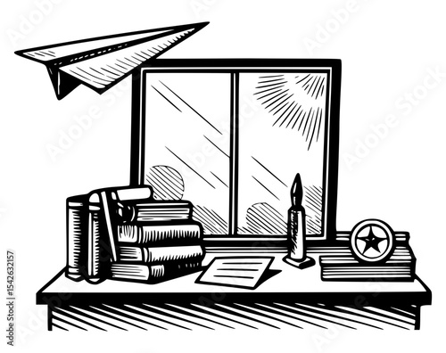 A classic study desk scene featuring a stack of books, a burning candle, and a paper airplane soaring past a window, symbolizing learning and imagination.