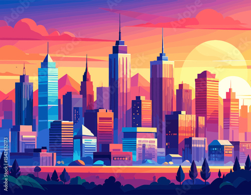 Vibrant Cityscape Silhouette at Sunset with Skyscrapers and Trees in a Colorful Illustration