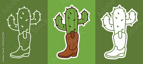 Three Types of Cartoon Style Sticker of Cowboy Inside the Boots
