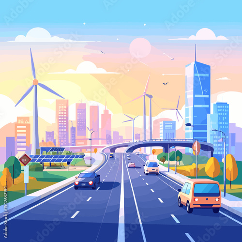 Vibrant Pixel Art Cityscape with Wind Turbines and Highway at Sunset, Featuring Modern Architecture and Eco Friendly Technology