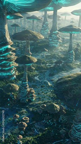 Surreal Fantasy Landscape with Towering Mushrooms and Mystical Flora in a Dreamlike Environment