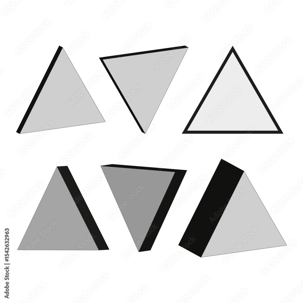 Three dimensional triangles. Isometric shape icon. Grey vector elements. Shaded polygonal form. Three dimensional triangles. Isometric shape icon. Grey vector elements. Shaded polygonal form.