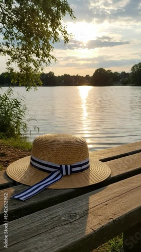 Stylish Straw Hat by Serene Lake at Sunset with Reflections on Water
