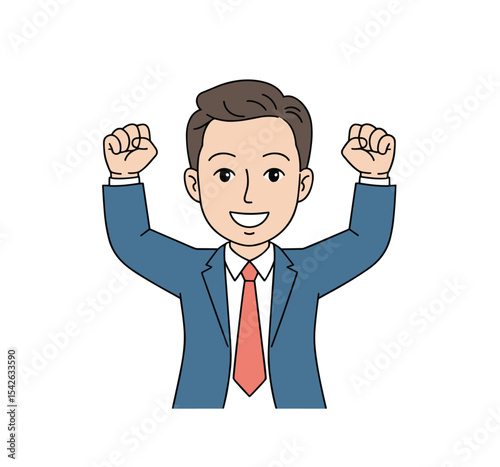 Illustration of a smiling man in a suit with his fists raised in the air against a white background