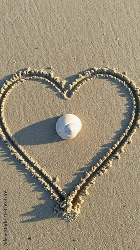 Heart Shape Made of Sand with Shell on Beach at Sunset