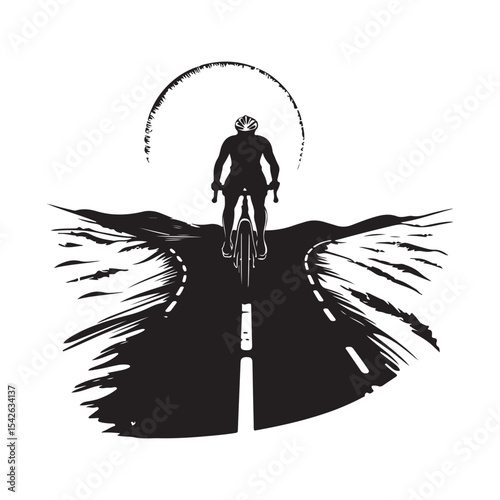Bicycle Racer Pedaling on a Long Straight Road Chasing the Sunset in Vector Illustration