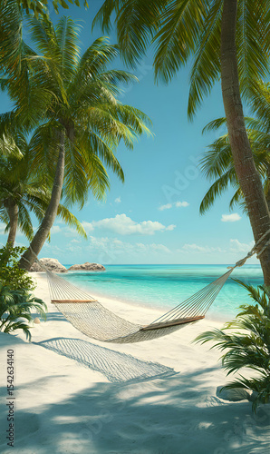 Tranquil tropical paradise showcasing a hammock stretched between palm trees on a pristine beach retreat vacation
