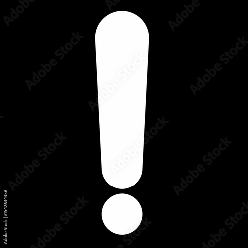 Minimalist exclamation mark symbol in bold white on solid black background. High contrast icon, ideal for warning signs, alerts, banners, and design