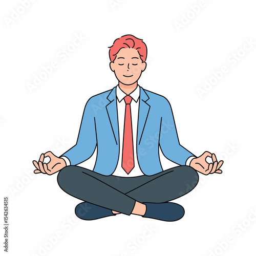 Man in business suit meditating with crossed legs and hands in mudra position on a white background
