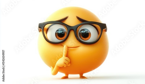 cute shy emoji character with large brown eyes wearing black glasses holding finger to lips in a quiet gesture