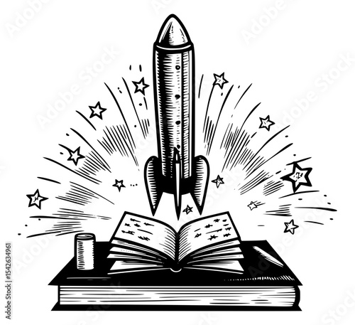 A dynamic image featuring a rocket launching from an open book, surrounded by stars and radiating light, symbolizing the power of knowledge and imagination to propel discovery.