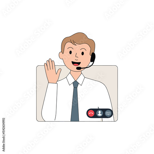 Man wearing headset waving during a video call in a virtual meeting on a computer screen shown online