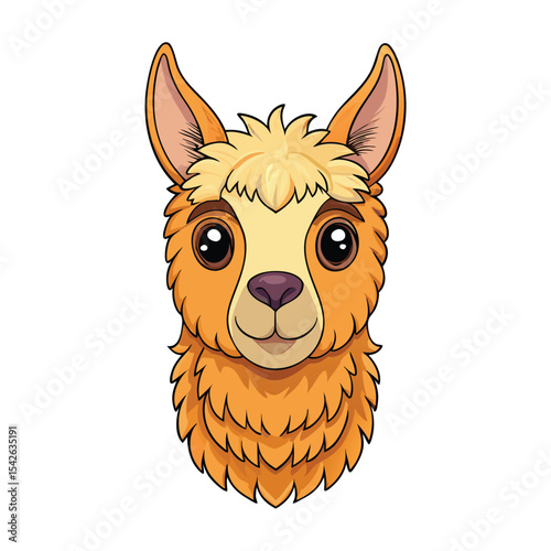 Cartoon llama head with big eyes on a white background