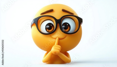 Cute 3D emoticon with big brown eyes and black glasses making a shushing gesture with finger on lips expressing silence or secrecy