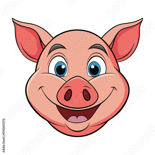 Cartoon pig face with a smile and big blue eyes isolated