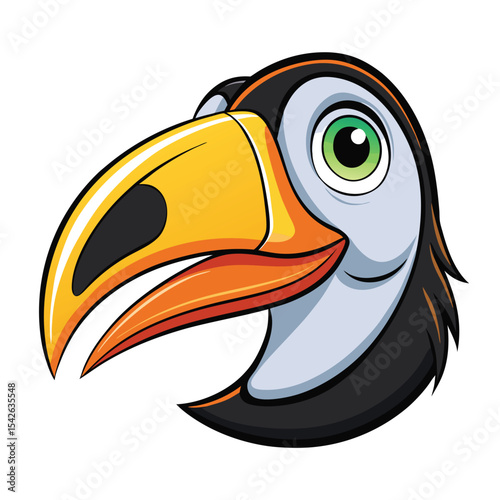 Cartoon toucan head with yellow beak and green eye isolated