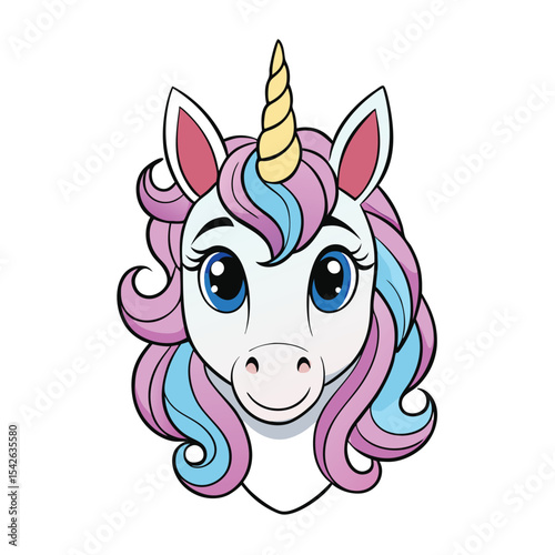 Cartoon unicorn head with pink and blue curly mane vector