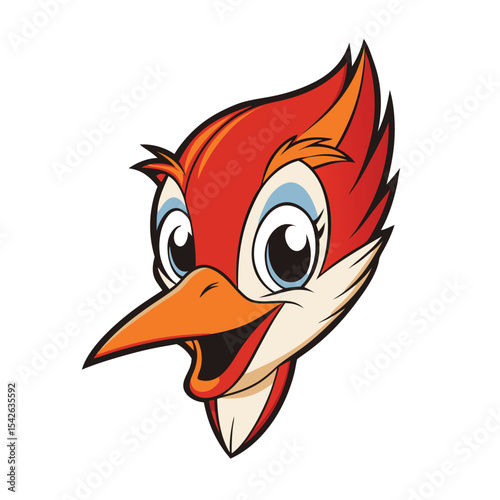 Cartoon head of a red and orange bird with big blue eyes