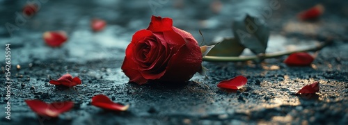 Single red rose rests on damp ground with scattered petals, capturing a moment of beauty and fragility in nature's embrace during twilight