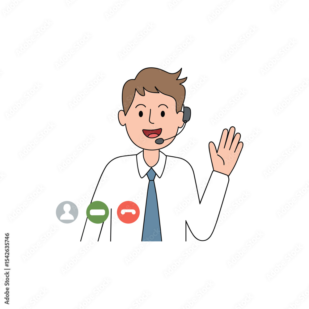Cartoon man wearing headset on a video call waving his hand with call options on the screen present Cartoon man wearing headset on a video call waving his hand with call options on the screen present