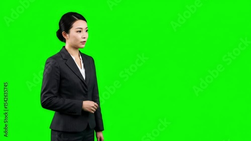 Businesswoman Green Screen Presentation Side View Talking with Hand Gesture