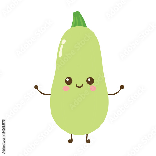 A cute zucchini cartoon character smiling brightly, exuding happiness and joy