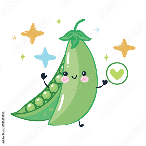 A cheerful cartoon illustration of a smiling pea pod, with vibrant colors and friendly expression. The pea pod is open, revealing multiple peas inside, surrounded by stars