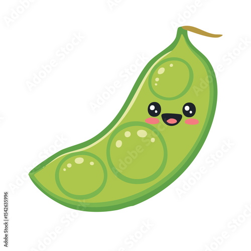 Happy green pea pod cartoon character with smiling face