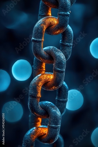 Close-up of a weathered metal chain illuminated by warm orange light against a blurred background of cool blue bokeh lights