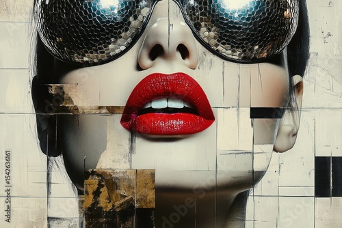 Close-up of a woman's face with bold red lips and reflective sunglasses, overlaid with fragmented geometric patterns and artistic textures