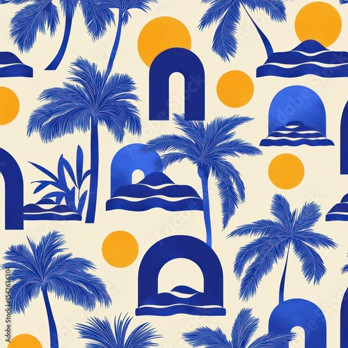 Seamless pattern with stylized blue palm trees, abstract arches, hills, and round orange sun shapes on a cream background, evoking a tropical and calm atmosphere