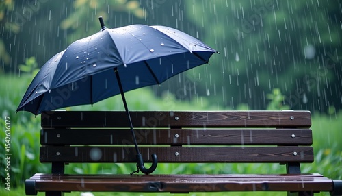 A blue umbrella rests on a wet wooden park bench during a gentle rain shower, with blurred green foliage in the background.