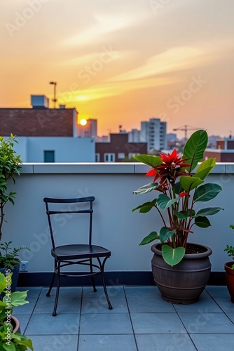 A rooftop terrace at sunset features a metal chair and vibrant potted plants against an urban skyline backdrop.