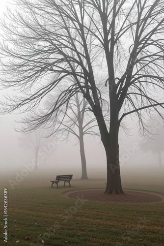 A foggy park scene with leafless trees and an empty bench on green grass, evoking calm and solitude.