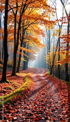 A winding forest path covered in fallen autumn leaves, surrounded by trees with vibrant orange and yellow foliage, fading into a misty background.