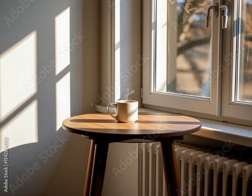 A steaming cup of coffee sits on a wooden round table bathed in warm sunlight near a window with a radiator below.