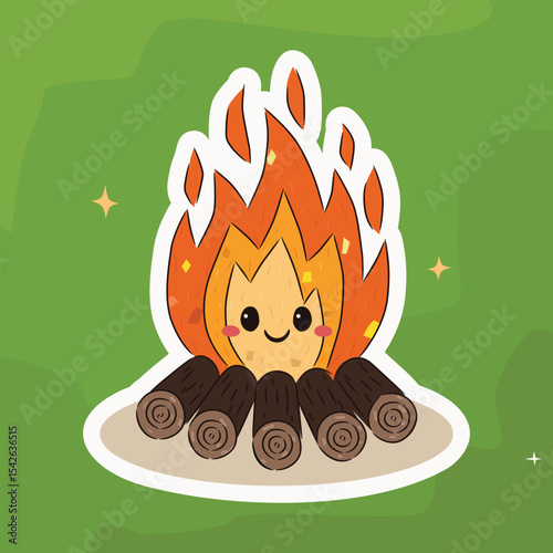 Campfire Sticker with Cute Face on Green Background