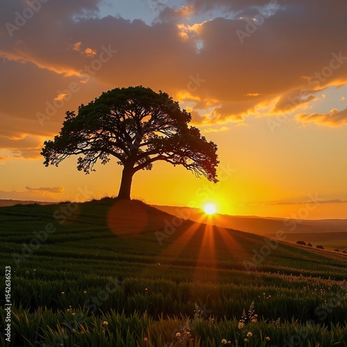 A lone tree stands on a grassy hill during a vibrant sunset, with rays of sunlight piercing through clouds and casting a golden glow over the landscape.