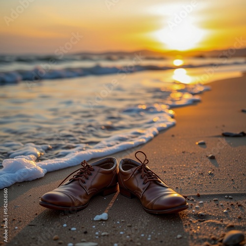 A pair of brown leather dress shoes sit abandoned on a sandy beach at sunset, with gentle waves washing ashore nearby.