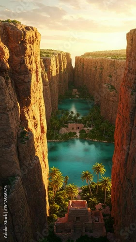 Serene Oasis in Rocky Canyon Surrounded by Lush Palm Trees and Tranquil Waters